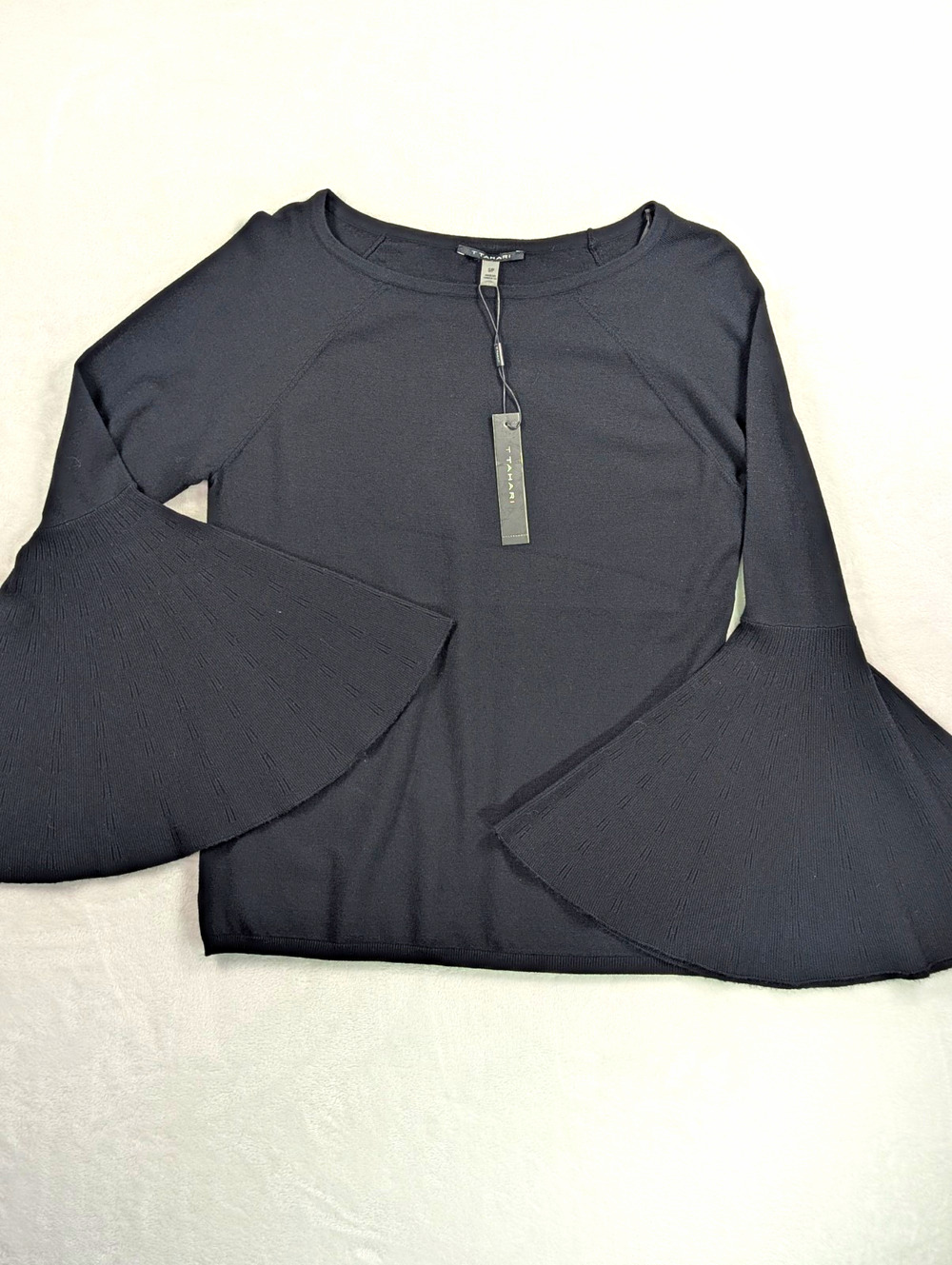 NWT T Tahari Knit Bell Sleeve Boat Neck Top Black Small Petite
